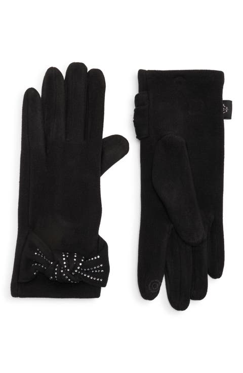 Rhinestone Bow Faux Suede Gloves