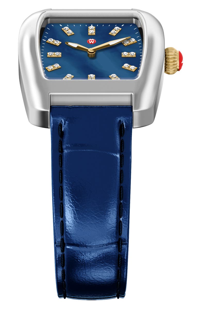 MICHELE Urban Mini Diamond Croc Embossed Leather Strap Watch, 29mm, Alternate, color, Silver/Blue