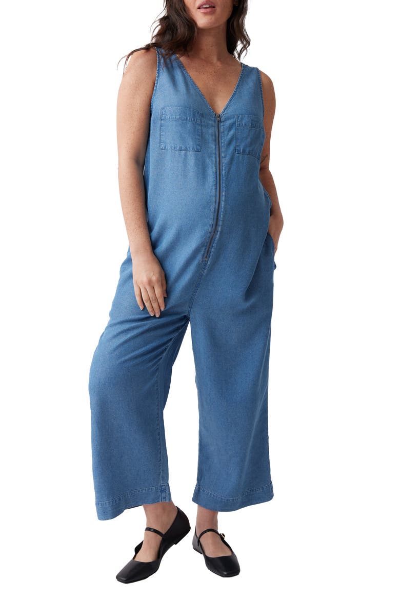 Zip Chambray Maternity Jumpsuit, Main, color, MEDIUM WASH CHAMBRAY