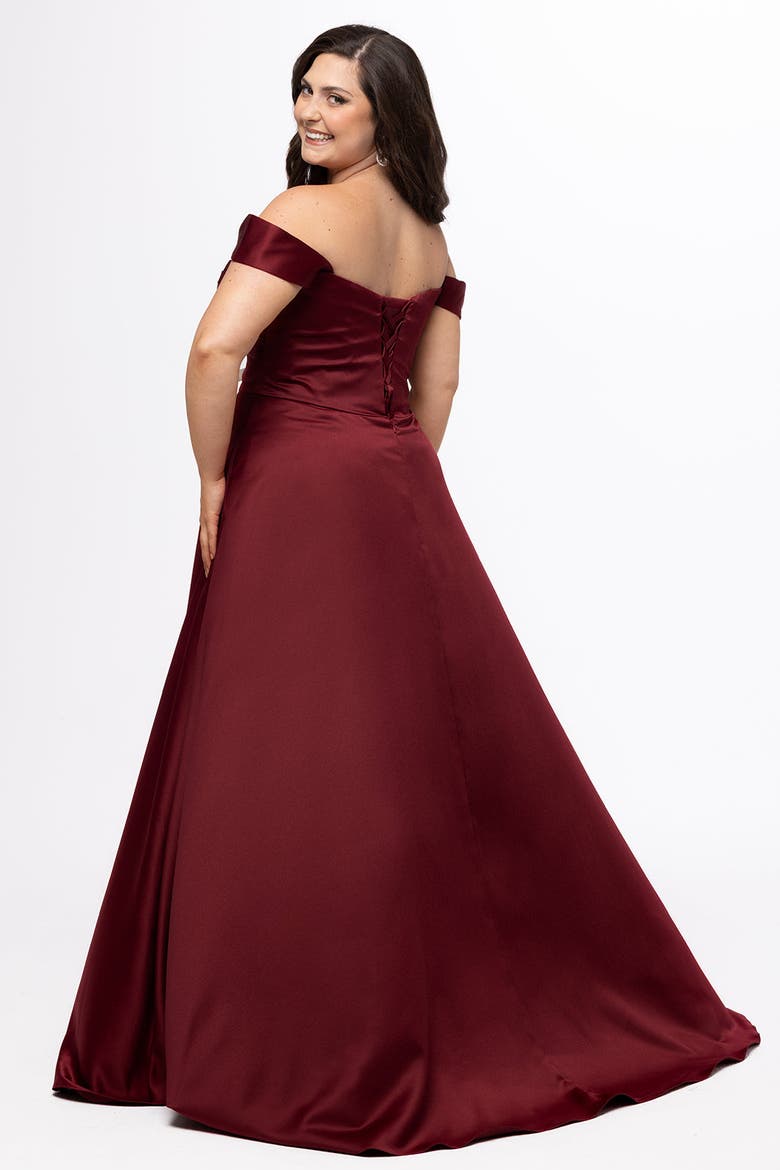 Simple Satin Plus Size A-line Dress with Slit, Alternate, color, Burgundy