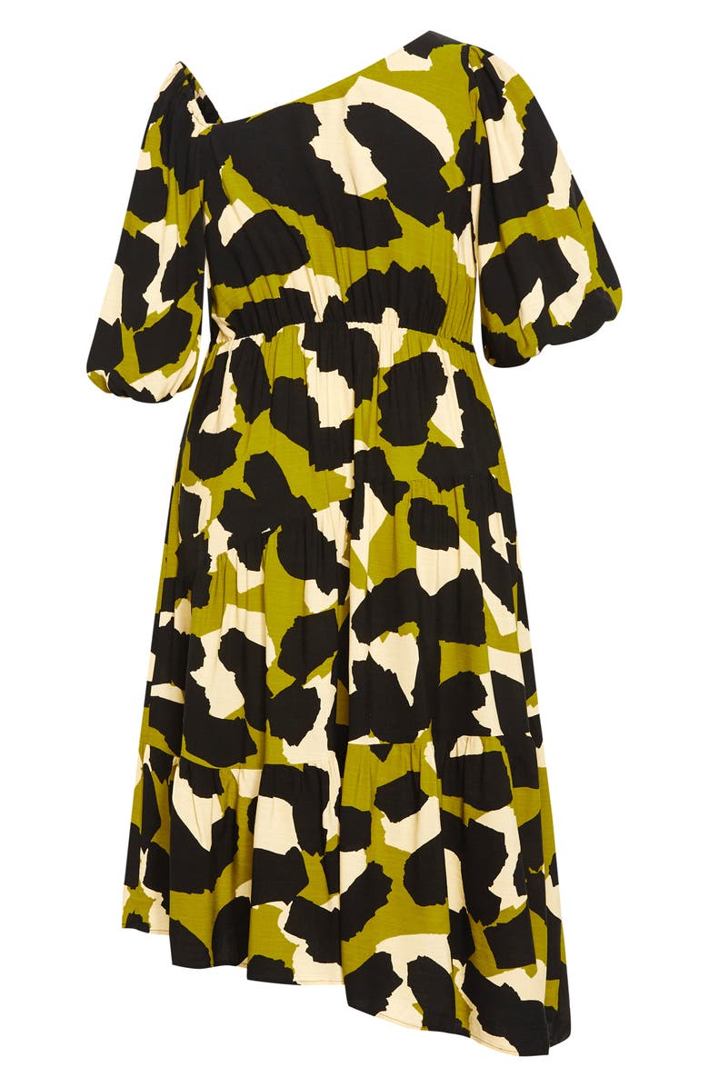 City Chic Jenie Asymmetric Neck Puff Sleeve Dress, Alternate, color, Print