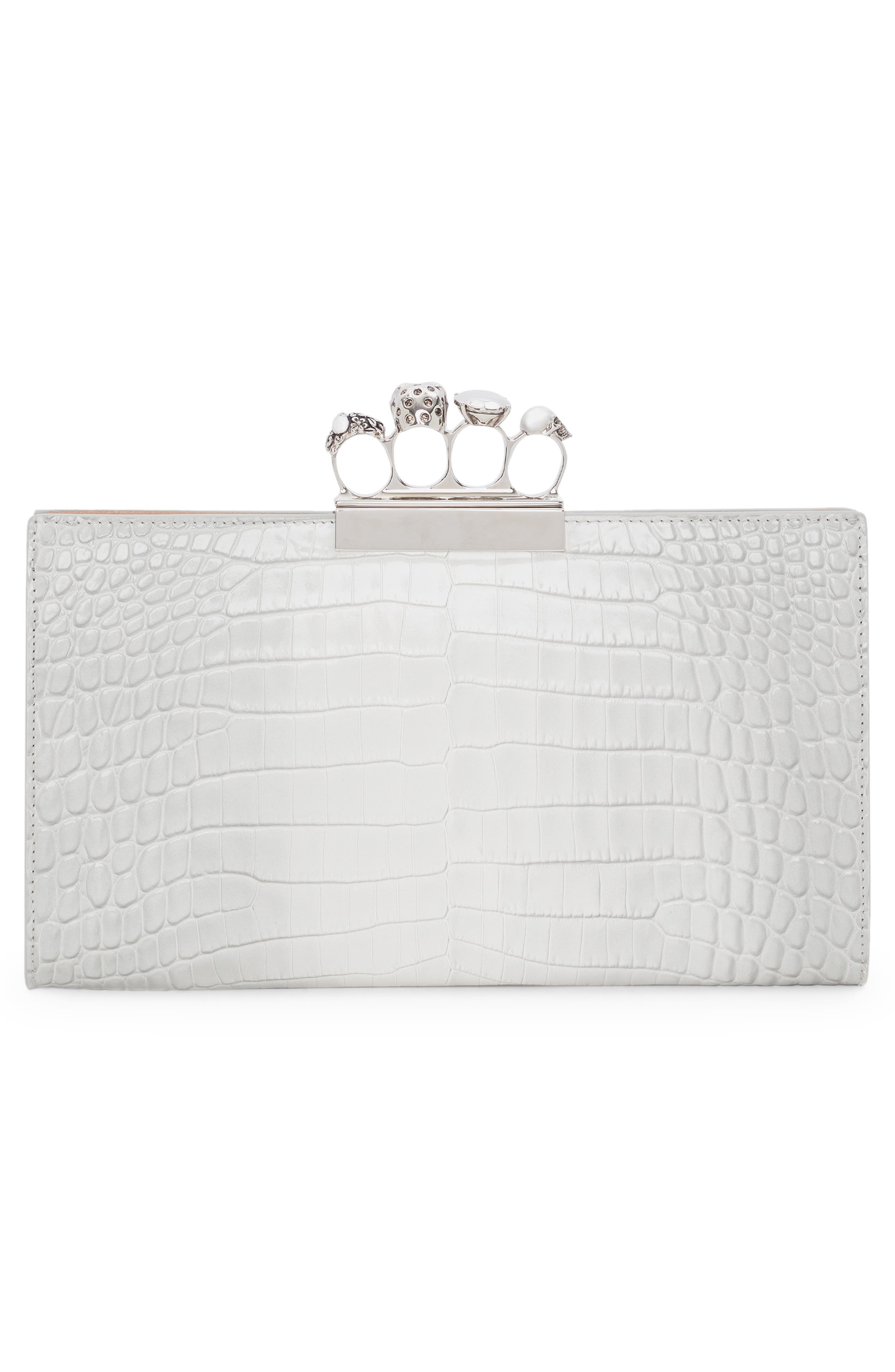 McQueen Jewelled Four-Ring Flat Pouch Ombré Croc Embossed Leather Clutch, Alternate, color, 