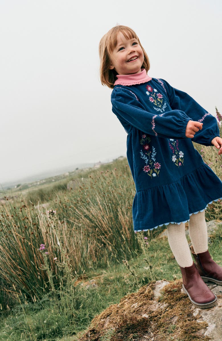 Mini Boden Kids' Floral Embroidery Corduroy Dress, Alternate, color, College Navy