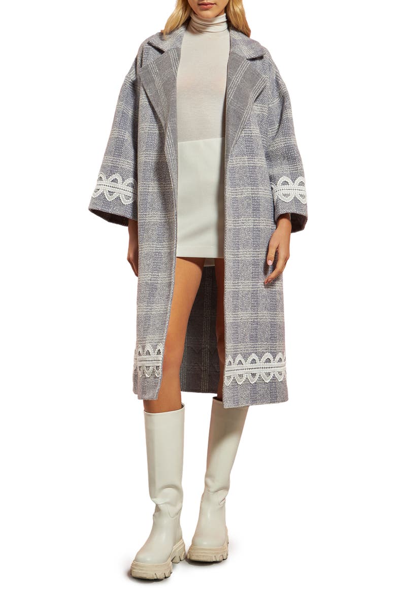 Premium Plaid Wool Blend Long Wrap Coat, Main, color, GREY