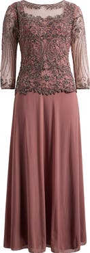 Pisarro Nights Pisaro Nights Beaded Mesh Mock Two-Piece Gown