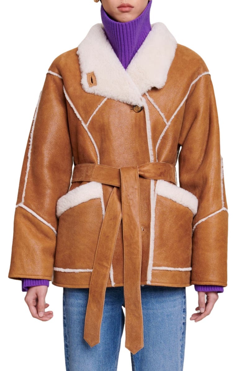 maje Belted Genuine Shearling Jacket, Main, color, 