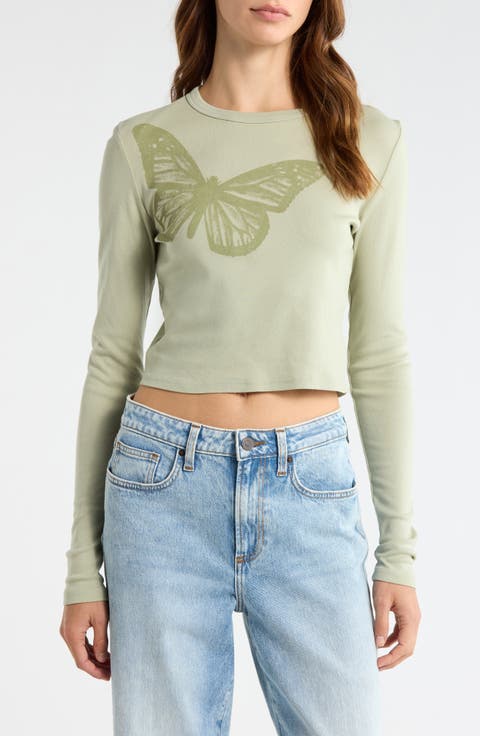 Butterfly Long Sleeve Cotton Graphic T-Shirt