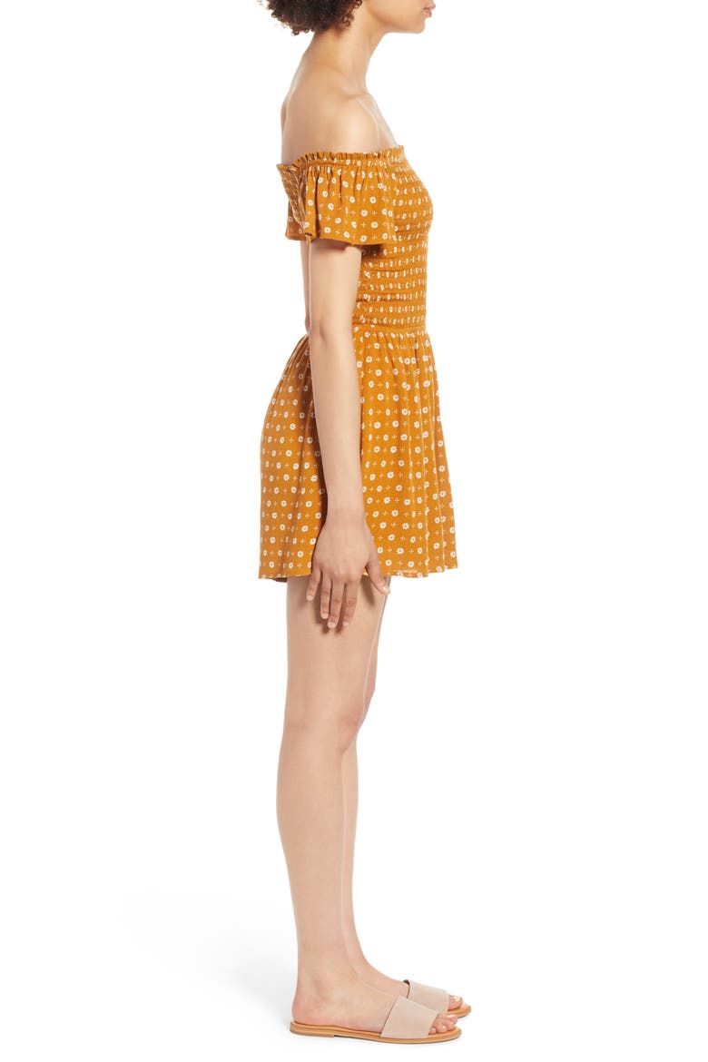 Smocked Off the Shoulder Romper, Alternate, color, MUSTARD FLORAL