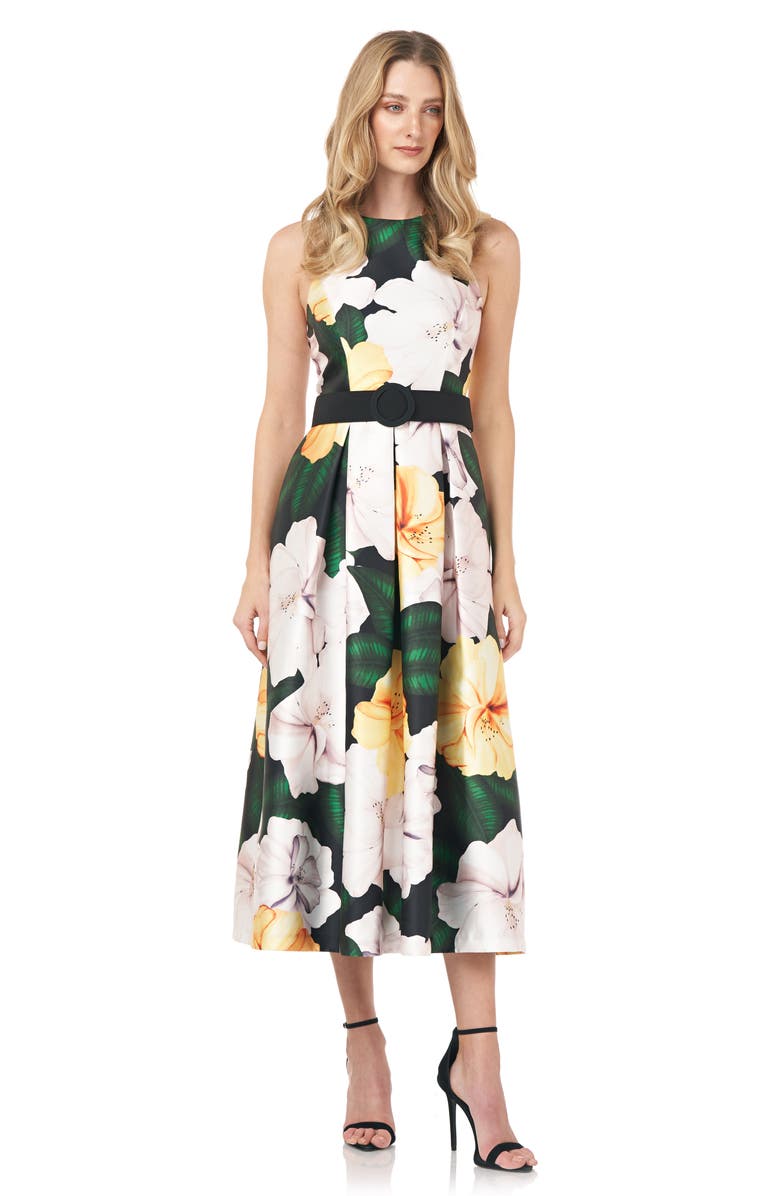 Kay Unger Floral Print Mikado Midi Cocktail Dress, Alternate, color, 