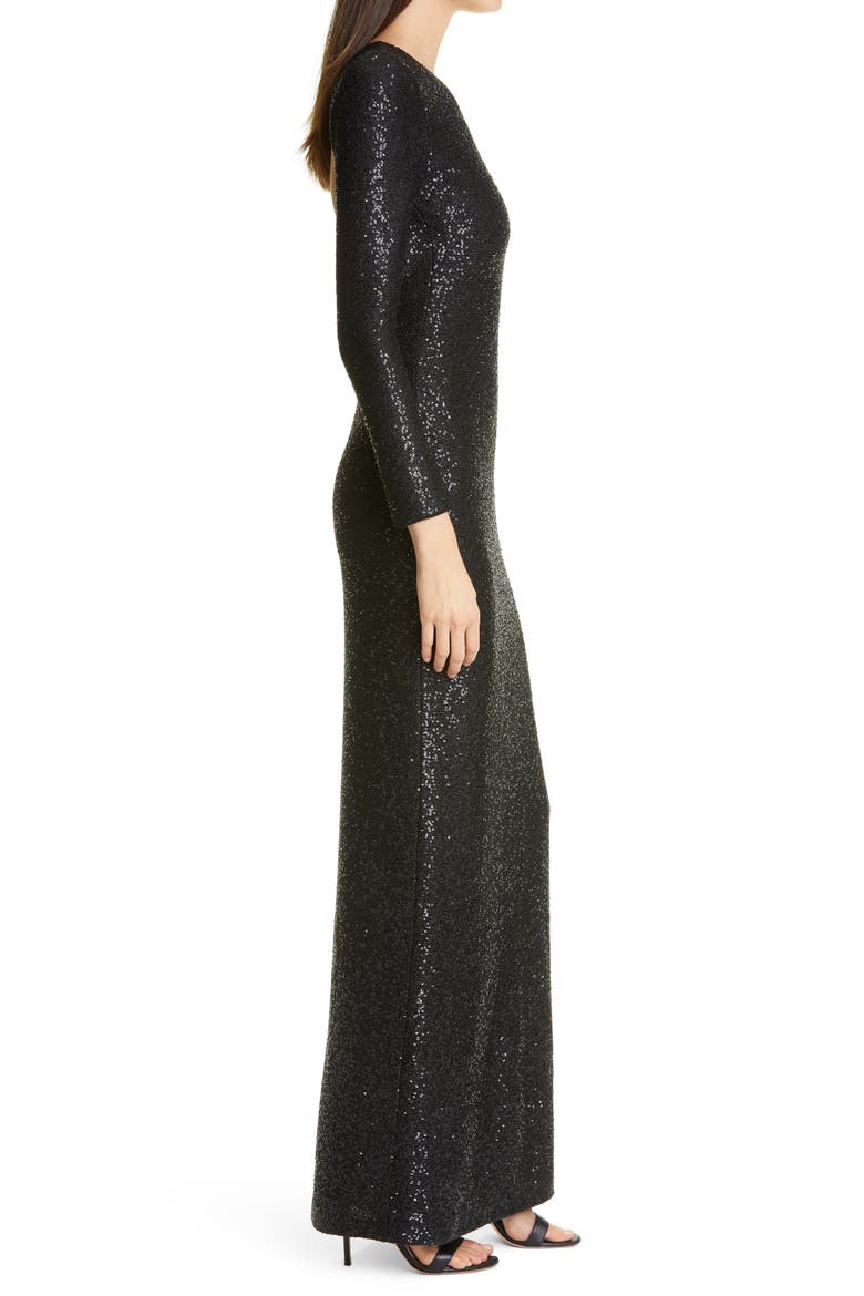 Sequin Open Back Long Sleeve Gown, Alternate, color, BLACK