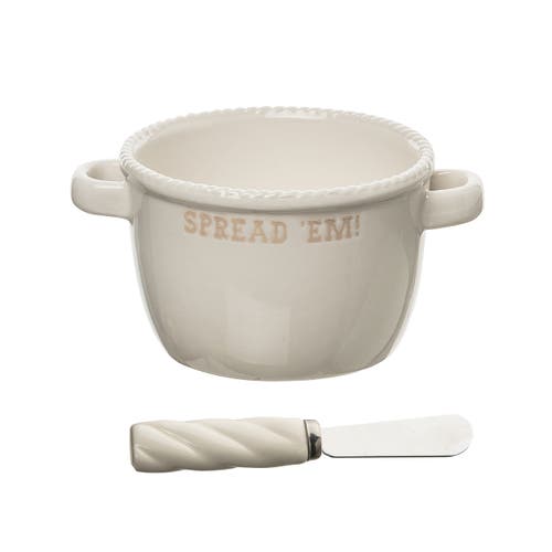 Totalee Gift Spread Em Bowl W/ Spreader Ceramic White 12.5 oz In Neutral
