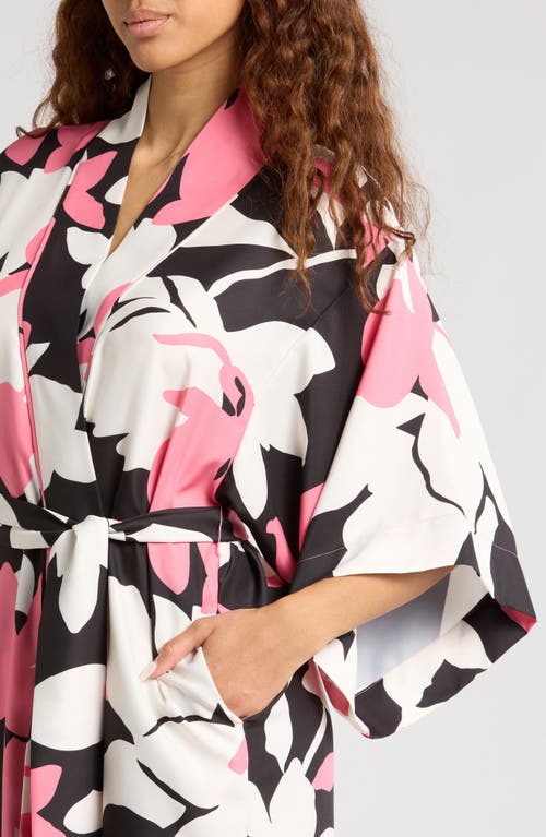 Natori Niwashi Floral-print Charmeuse Robe In Pink/black