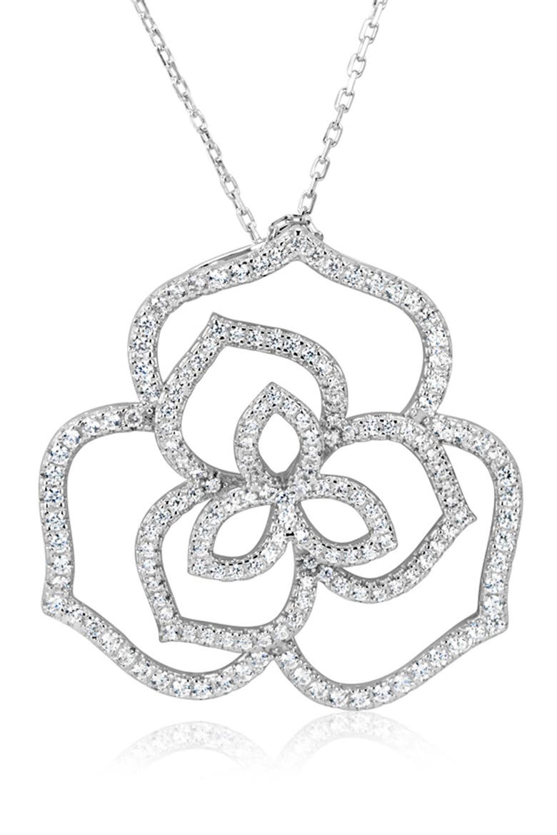 Sterling Silver Flower Pave Cubic Zirconia Pendant Necklace, Alternate, color, WHITE