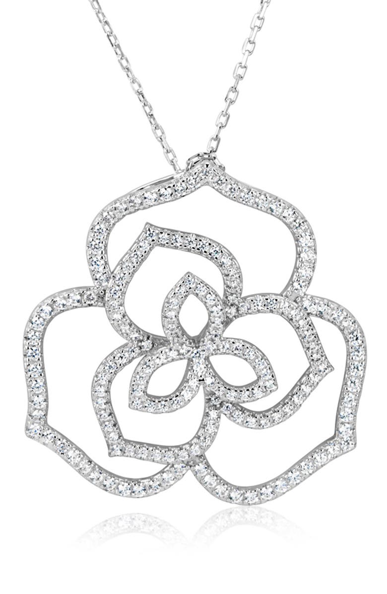 SUZY LEVIAN Sterling Silver Flower Pave Cubic Zirconia Pendant Necklace, Alternate, color, White