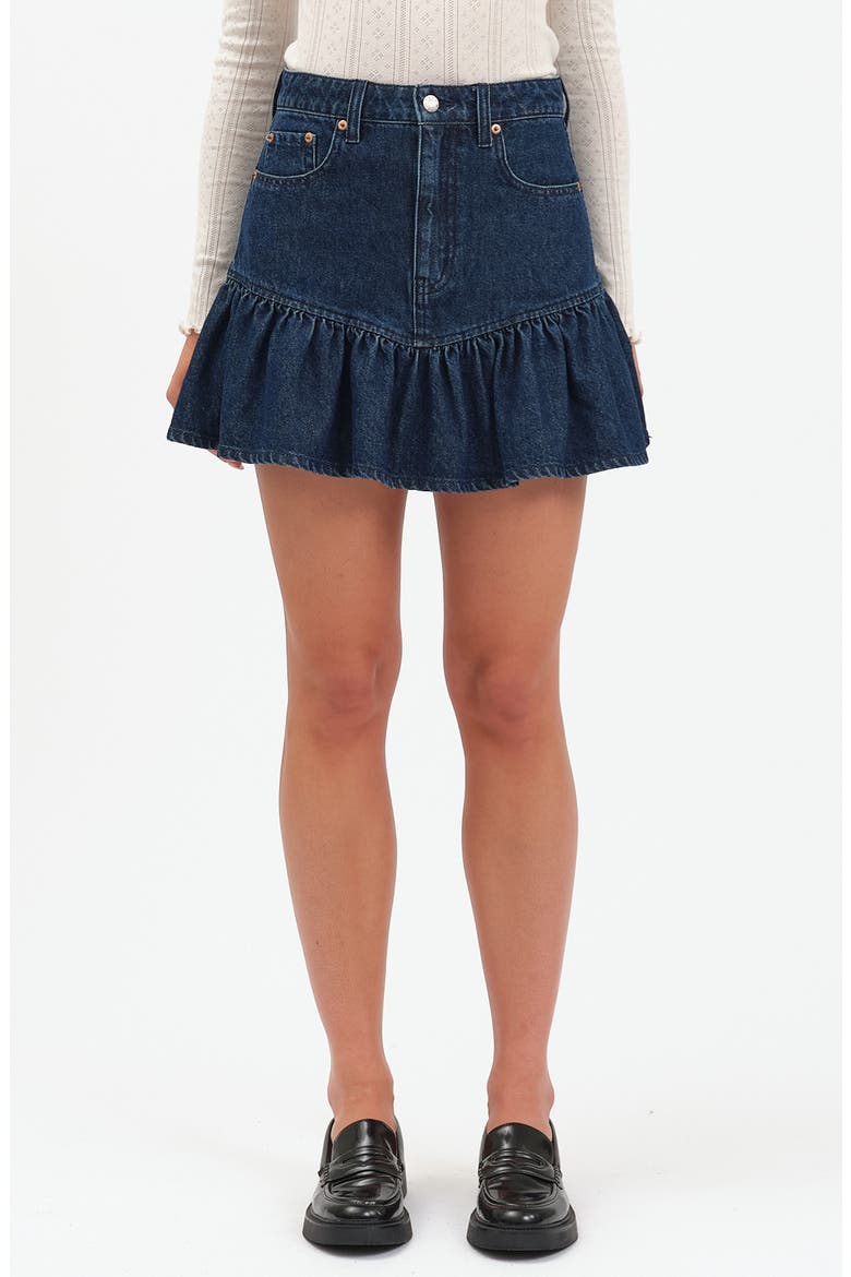 Smooch Flounce Hem Denim Miniskirt, Main, color, MOONLIGHT RINSE