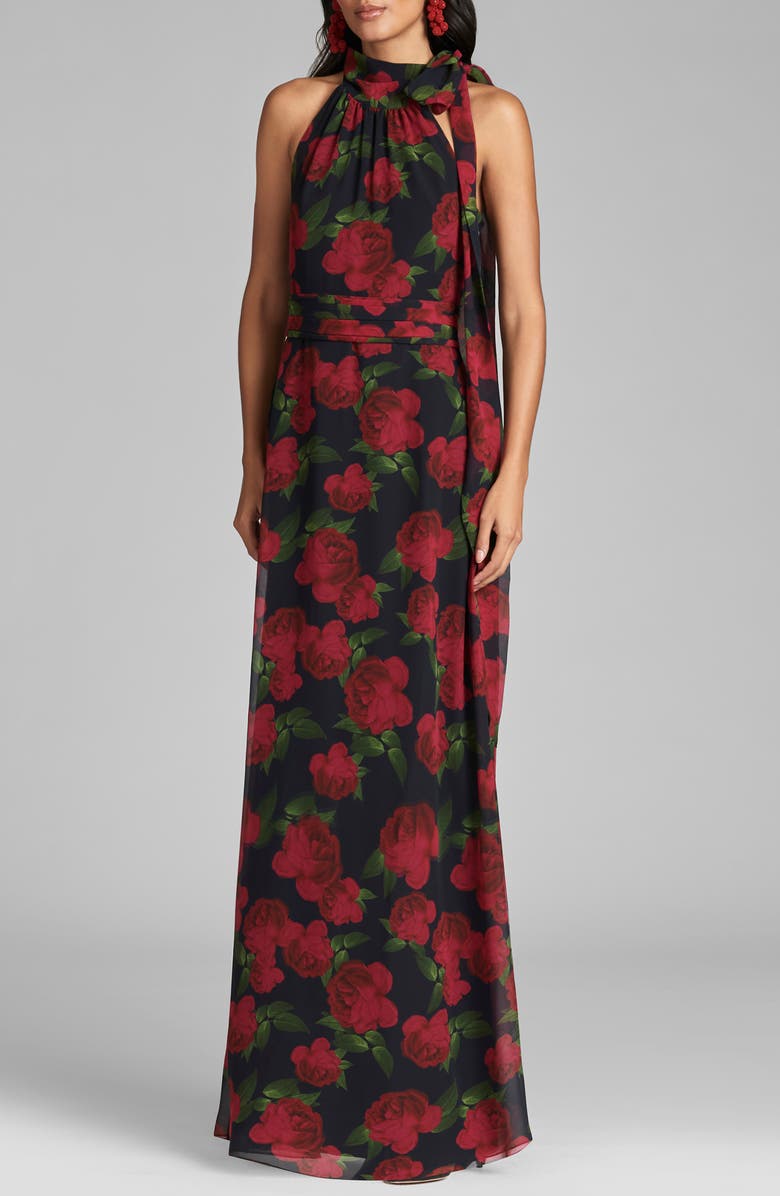 Sachin & Babi Kayla Floral Halter Gown, Main, color, Ruby Tea Rose