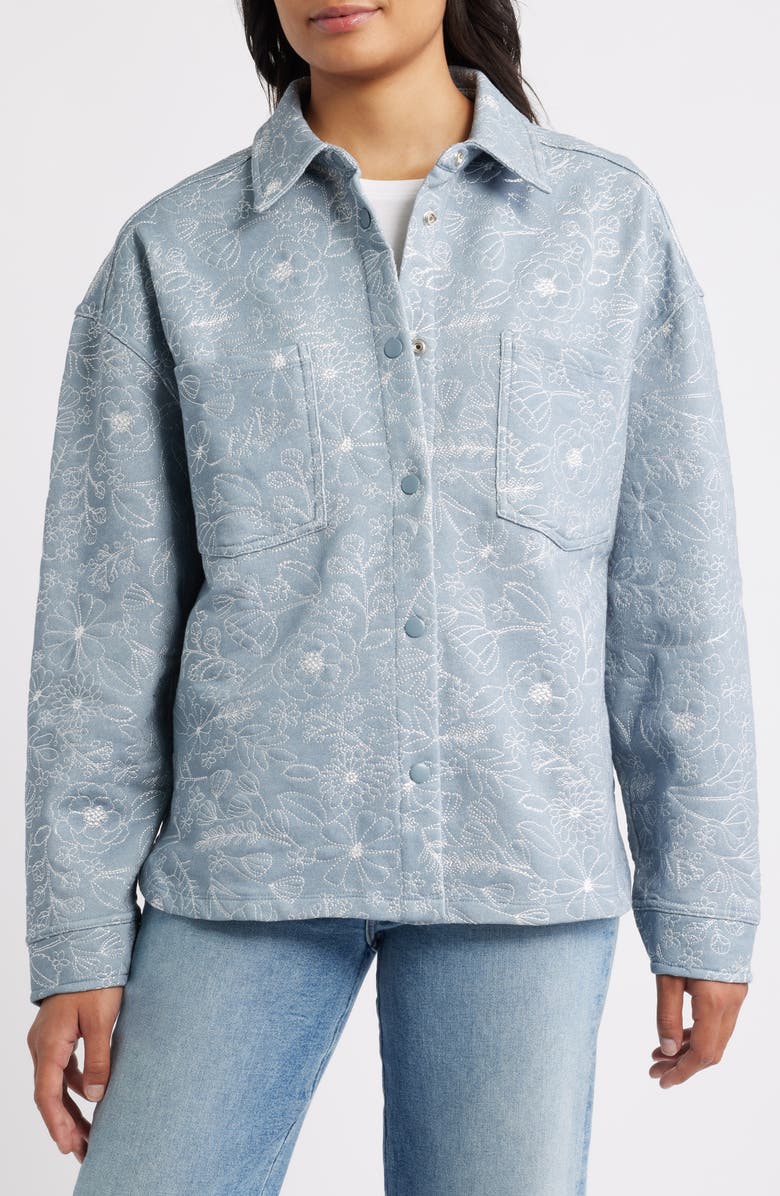 Bobeau Embroidered Cotton Blend Shacket, Alternate, color, Denim/ Ivory