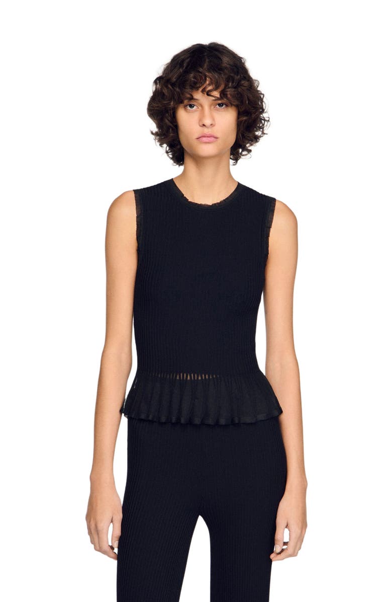 SANDRO Ruffled ottoman knit sweater, Main, color, Black