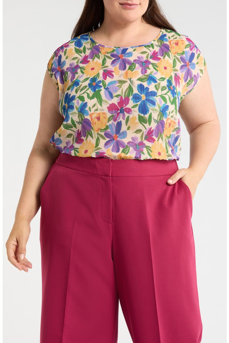 Floral Plissé Cap Sleeve Top, Main, color, SAND BERRY FLORAL