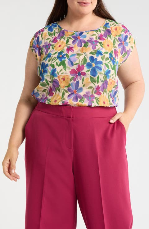 Floral Plissé Cap Sleeve Top (Plus)