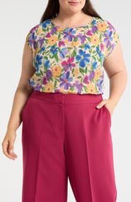 Tahari ASL Floral Plissé Cap Sleeve Top