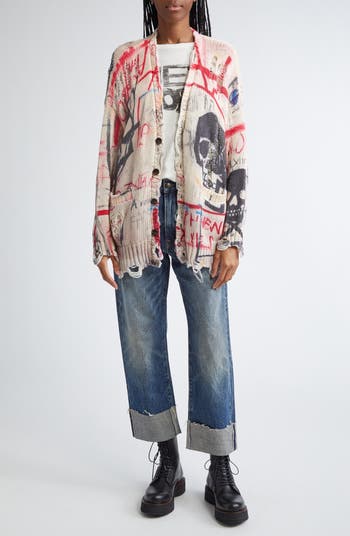 R13 Distressed Oversize Skull Graffiti Print Cardigan R13 Distressed Oversize Skull Graffiti Print Cardigan