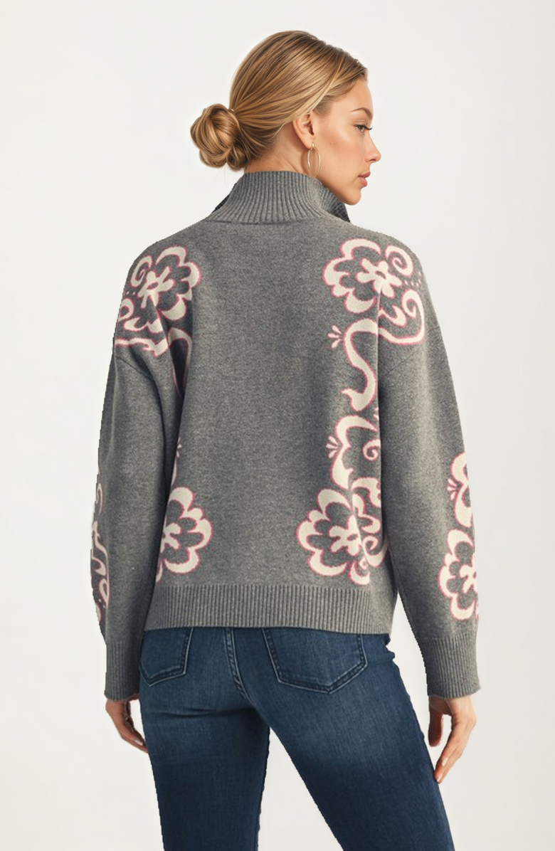 Knit and Lounge Floral Quarter Zip Sweater, Alternate, color, Grey Floral