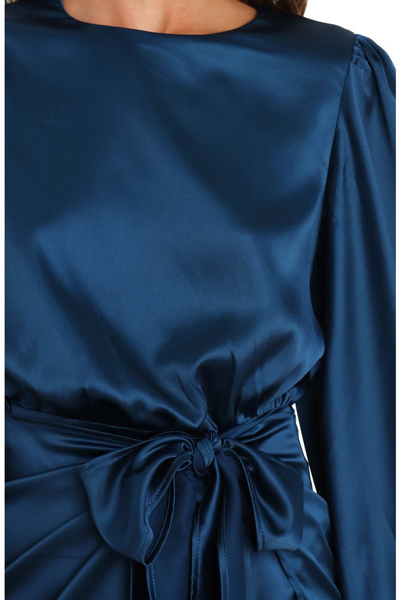 Opal Tie Waist Long Sleeve Satin Minidress, Alternate, color, NAVY