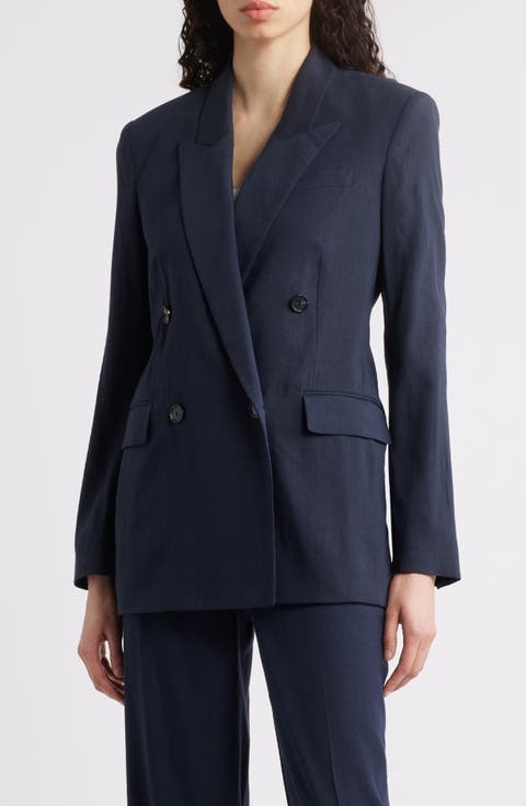 ジャケット PLAIN Blue Double-breasted Jacket in Linen Woman Blue Linen Women Suits Double Breasted 2 Pcs For Wedding