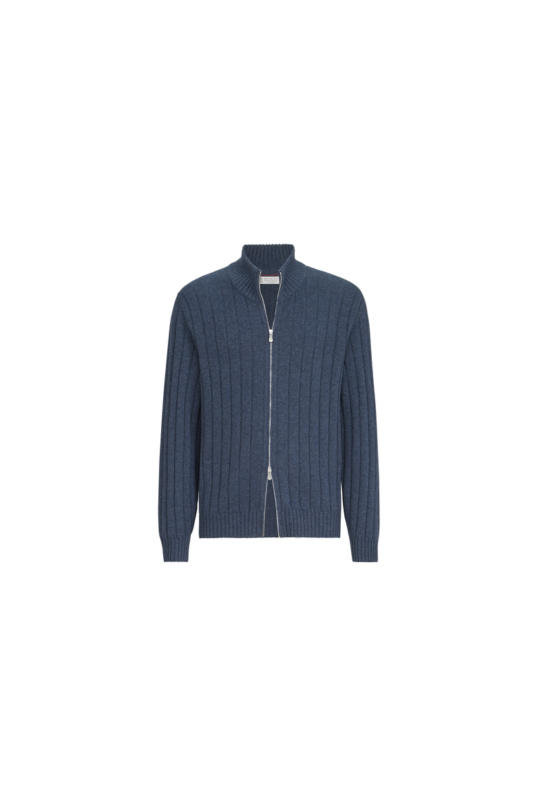 Cashmere ribbed cardigan with zip, Alternate, color, Denim