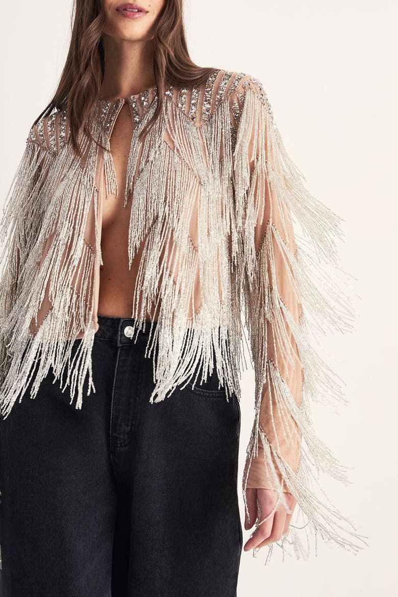 Embellished Tassel Zig Zag Jacket, Alternate, color, Silver