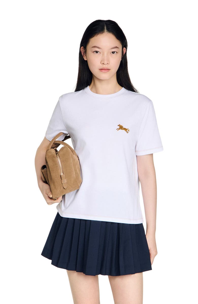 SANDRO Horse embroidery cotton T-shirt, Main, color, White