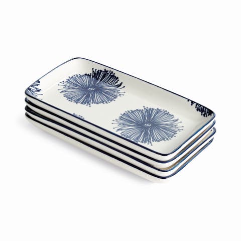 Stria Starburst 8" Trays, Set of 4 - Dark Blue/White Ceramic