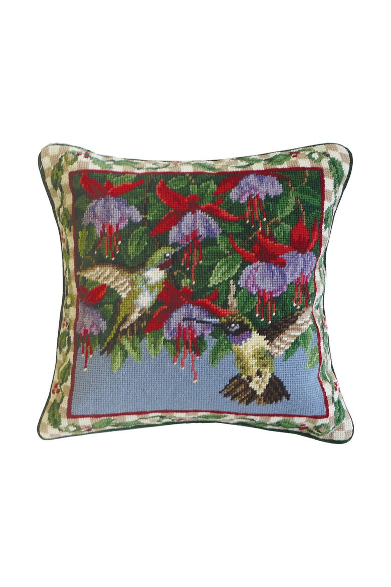 Hummingbird & Fuchsias Needlepoint Accent Throw Pillow, Main, color, Green