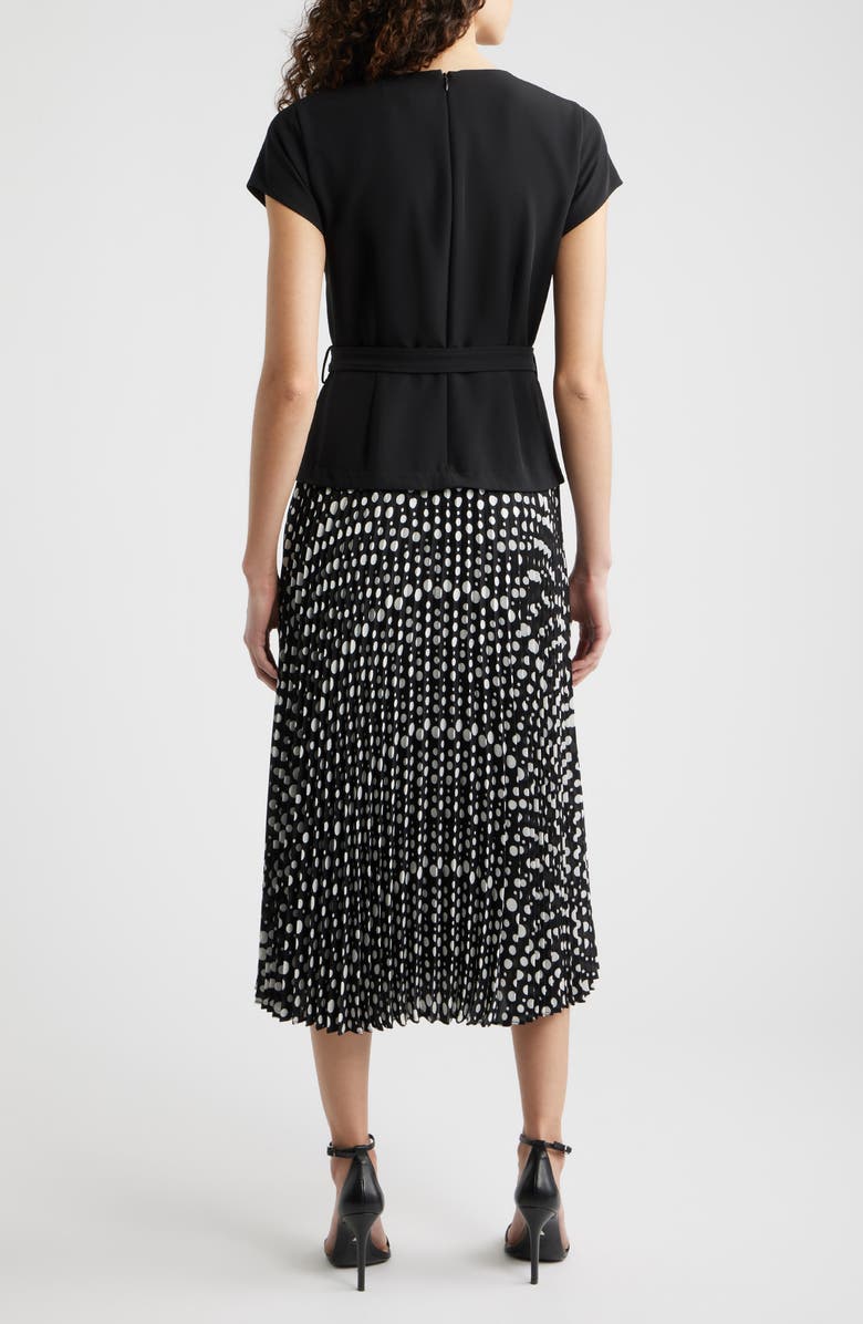 Elie Tahari The Nina Belted Pleated Dress, Alternate, color, Noir/ Noir And White Polka Dot