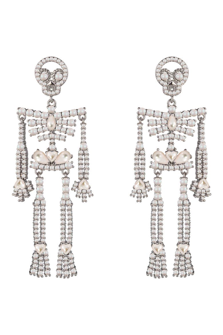 Faux Pearl Skeleton Drop Earrings, Main, color, SILVER