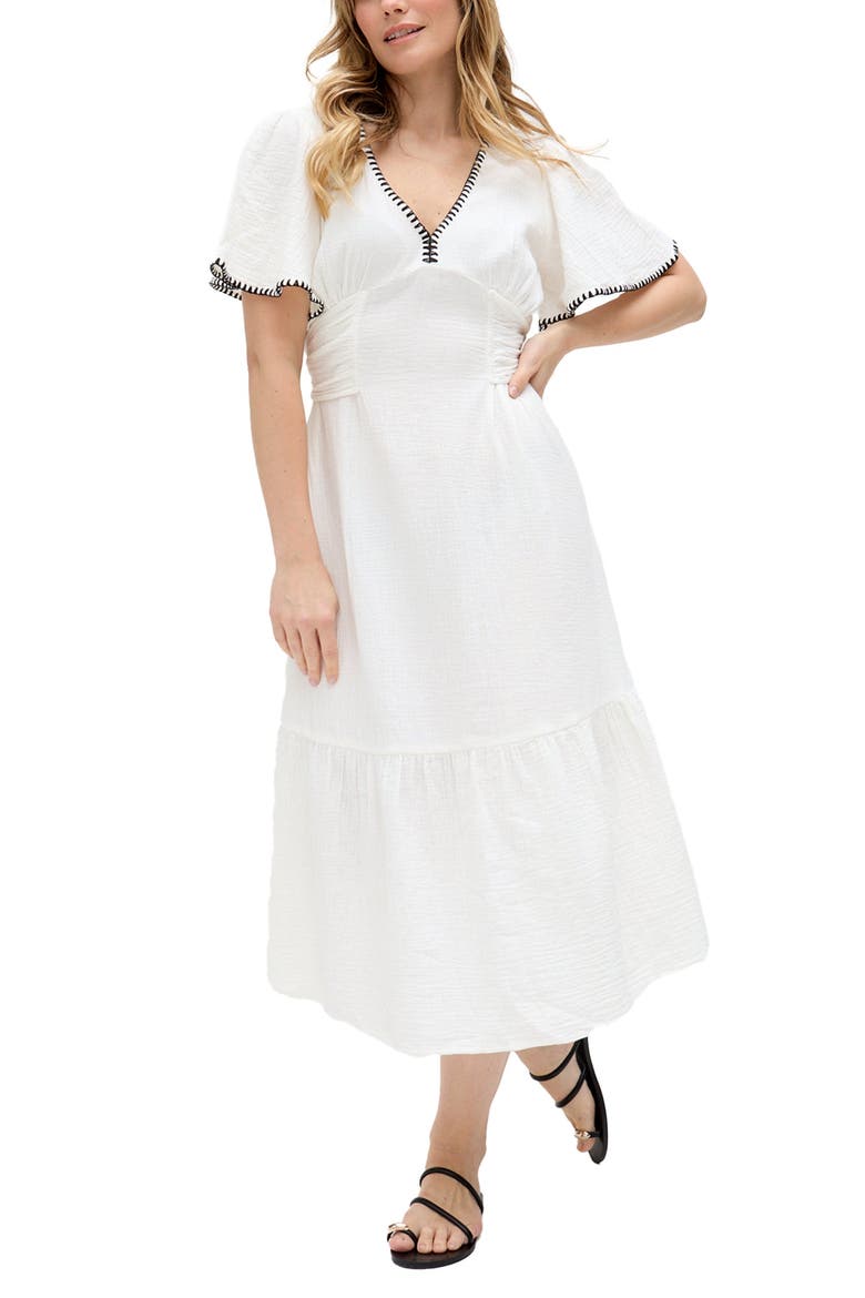 Delilah V-Neck Front Tie Midi Dress, Alternate, color, Ecru