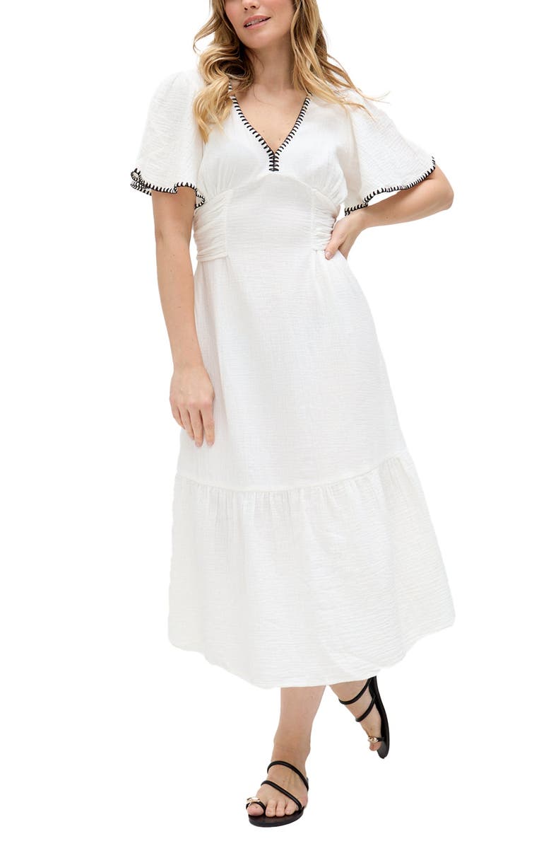 Raffya Delilah V-Neck Front Tie Midi Dress, Alternate, color, Ecru