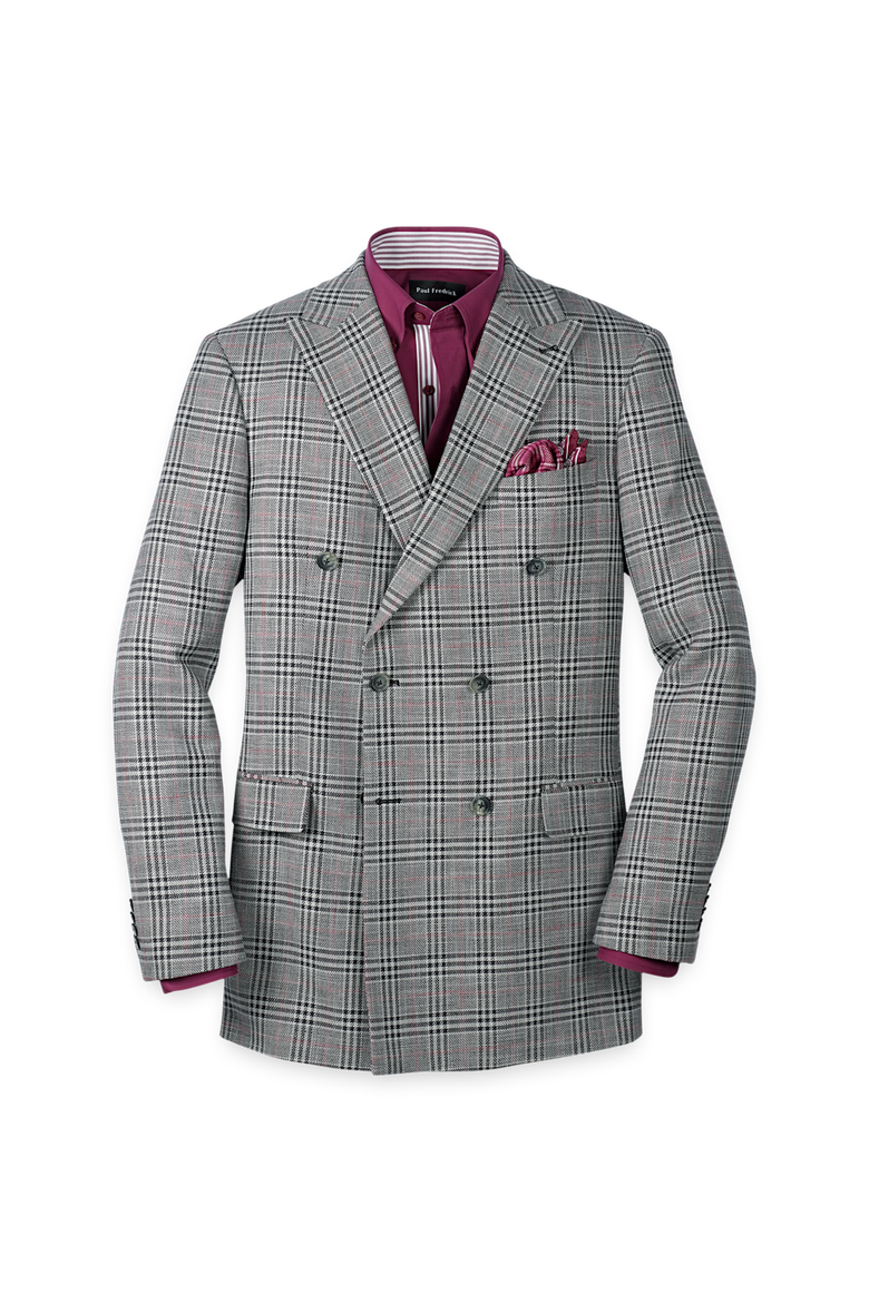 Cotton Blend Plaid Double Breasted Peak Lapel Sport Coat, Main, color, Black/White