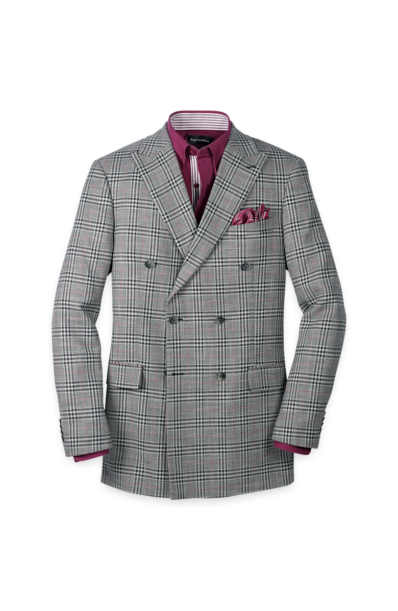 Paul Fredrick Cotton Blend Plaid Double Breasted Peak Lapel Sport Coat, Main, color, Black/White