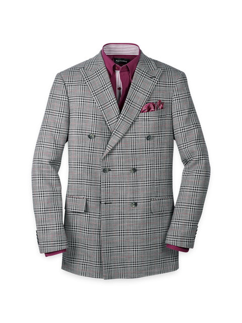 Cotton Blend Plaid Double Breasted Peak Lapel Sport Coat
