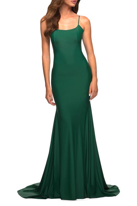 Chic Luxe Jersey Gown with Train and V Back