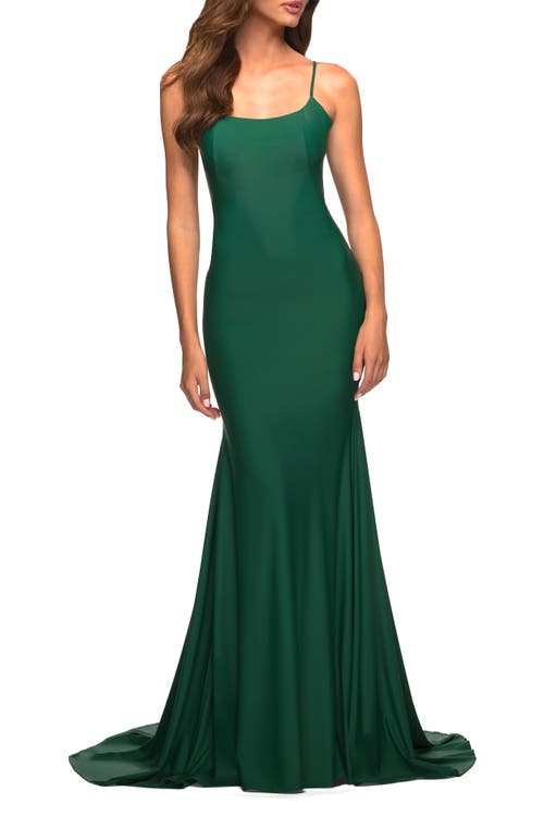 La Femme Chic Luxe Jersey Gown With Train And V Back In Emerald