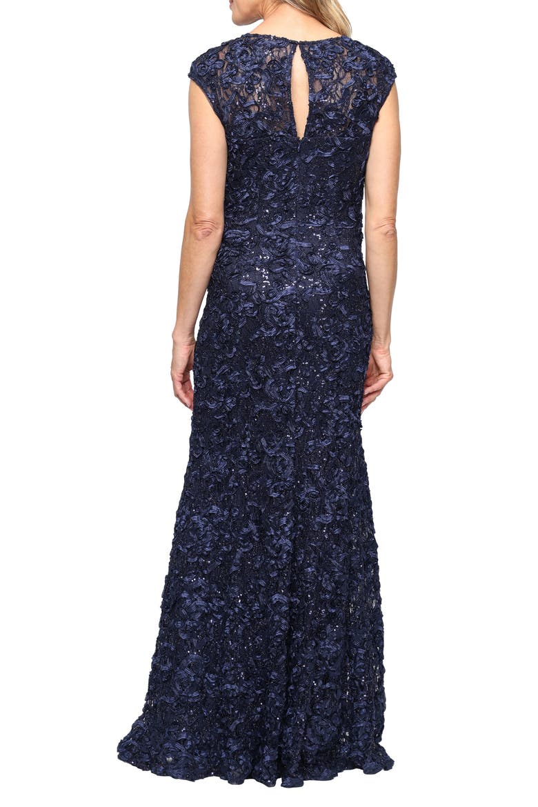 Soutache Sequin Lace A-Line Gown with Wrap, Alternate, color, NAVY