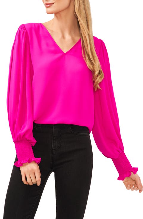 Smocked Cuff V-Neck Top