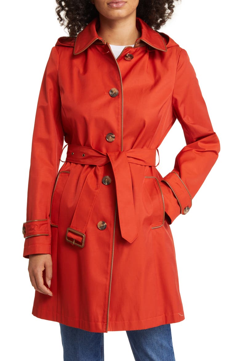 Hooded Belted Faux Leather Trim Trench Coat, Main, color, HARVEST ORANGE
