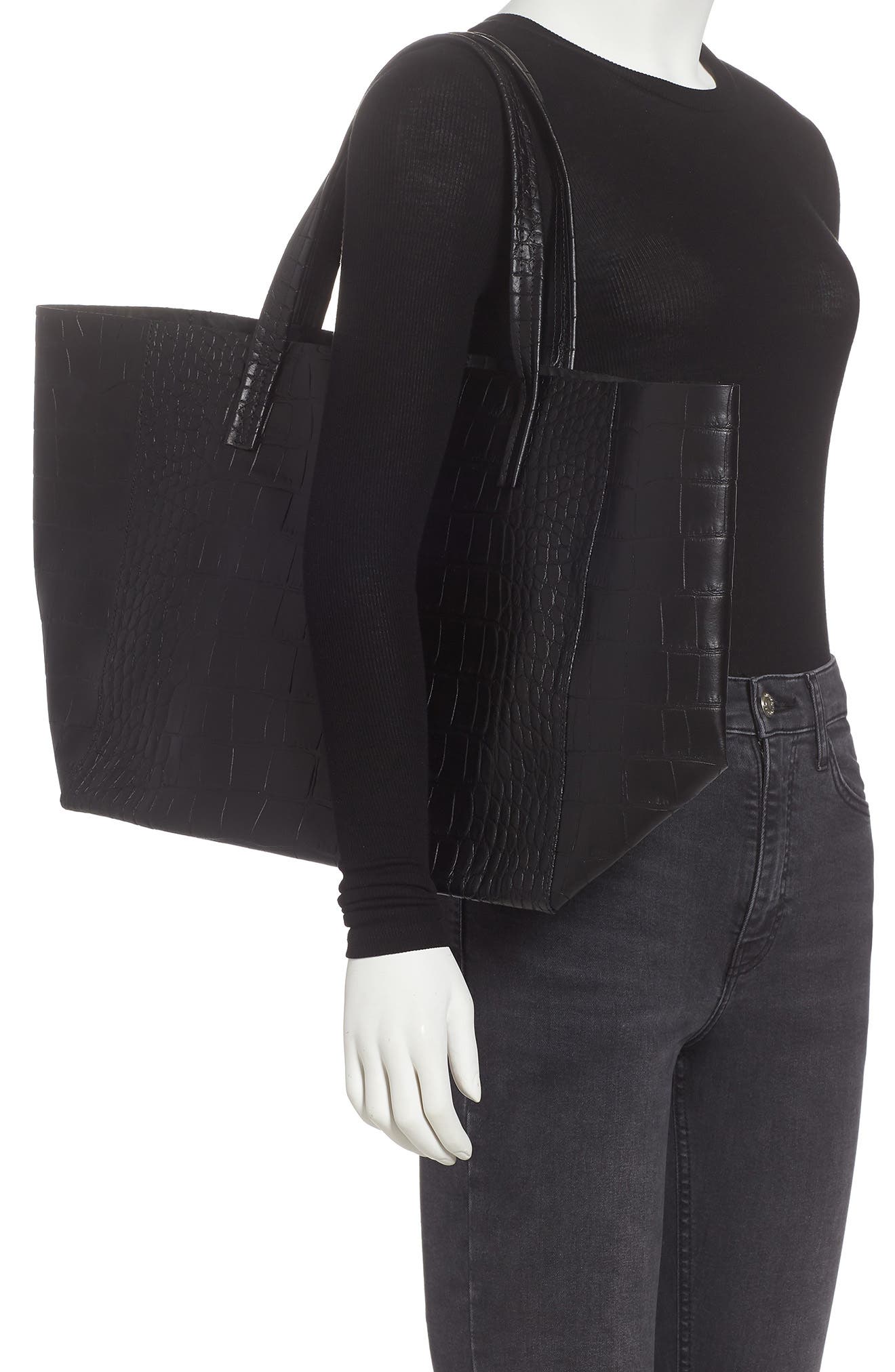 Violet Croc Embossed Leather Tote, Alternate, color, BLACK