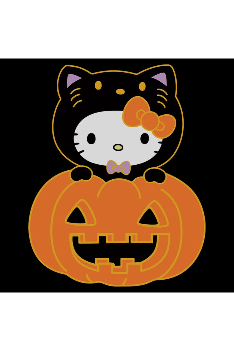 Junior's Hello Kitty Halloween Pumpkin and Kitty  Graphic T-Shirt, Alternate, color, Black