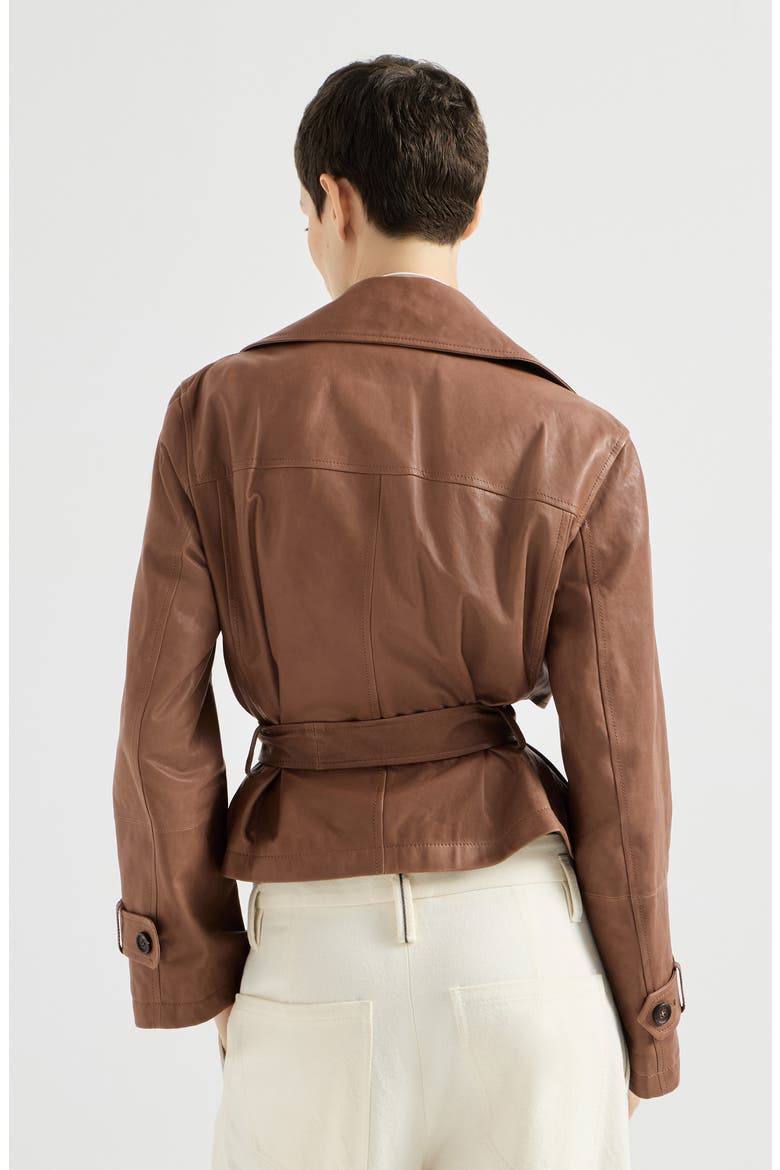 Vintage nappa leather cropped trench with monili, Alternate, color, Brown