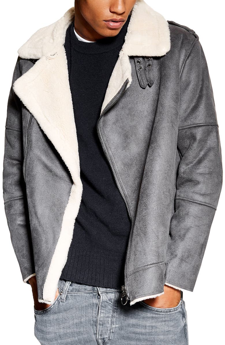 Topman Faux Shearling Biker Jacket, Main, color,